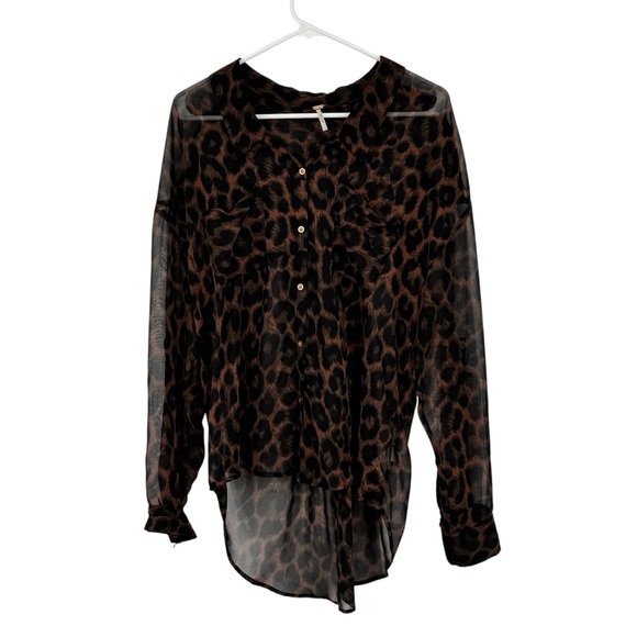Free People Tops - Women’s Free People Large Easy Rider Sheer Leopard Print Blouse w Tab Sleeves